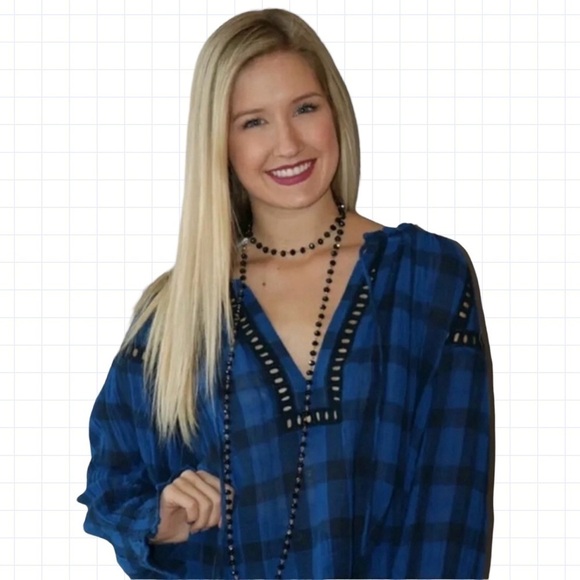 Free People Boho Cotton Sheer Plaid Lace Peasant Blouse Size XS - Picture 3 of 4